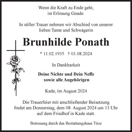 Traueranzeige von Brunhilde Ponath von Volksstimme Burg/Genthin