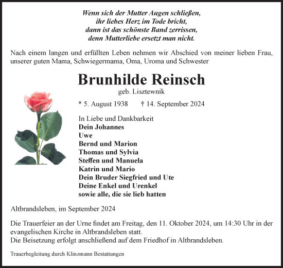 Traueranzeige von Brunhilde Reinsch von Volksstimme Oschersleben/Wanzleben