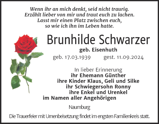 Traueranzeige von Brunhilde Schwarzer von Super Sonntag Naumburg/Nebra