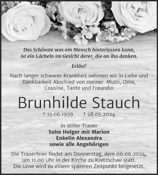 Traueranzeige von Brunhilde Stauch von Trauerkombi Zeitz