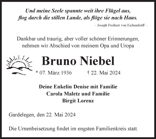 Traueranzeige von Bruno Niebel von Volksstimme Altmark West