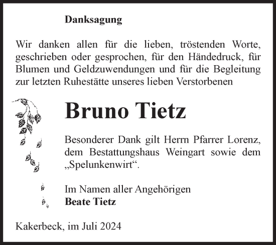 Traueranzeige von Bruno Tietz von Volksstimme Altmark West