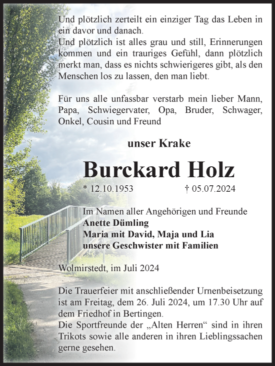 Traueranzeige von Burckard Holz von Volksstimme Haldensleben/Wolmirstedt