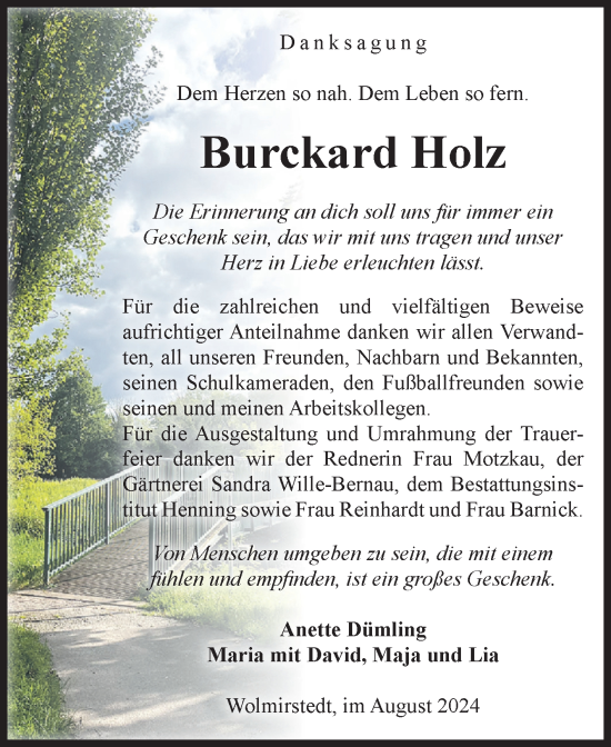 Traueranzeige von Burckhard Holz von Volksstimme Haldensleben/Wolmirstedt