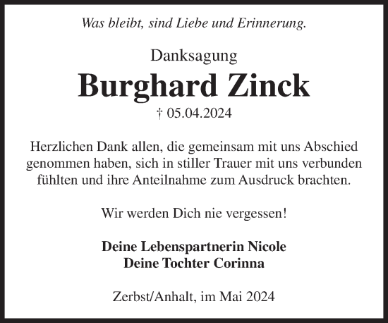 Traueranzeige von Burghard Zinck von Volksstimme Zerbst
