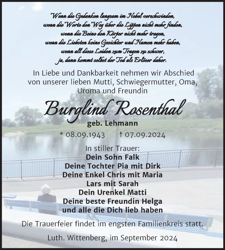  Traueranzeige für Burglind Rosenthal vom 14.09.2024 aus Trauerkombi Wittenberg
