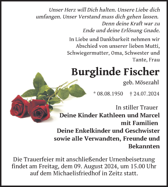 Traueranzeige von Burglinde Fischer von Trauerkombi Zeitz