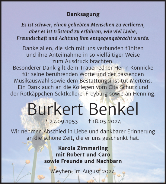 Traueranzeige von Burkert Benkel von Super Sonntag Naumburg/Nebra