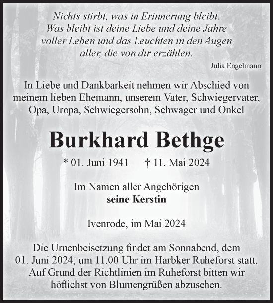 Traueranzeige von Burkhard Bethge von Volksstimme Haldensleben/Wolmirstedt