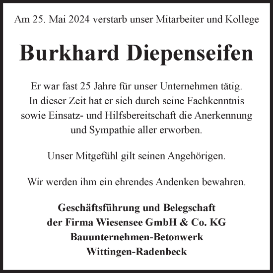 Traueranzeige von Burkhard Diepenseifen von Volksstimme Altmark West