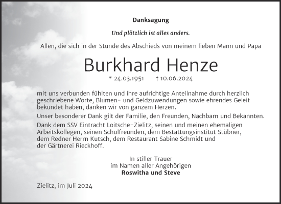 Traueranzeige von Burkhard Henze von Volksstimme Haldensleben/Wolmirstedt