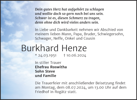 Traueranzeige von Burkhard Henze von Volksstimme Haldensleben/Wolmirstedt