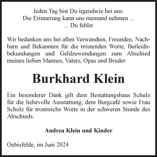 Traueranzeige von Burkhard Klein von Volksstimme Altmark West