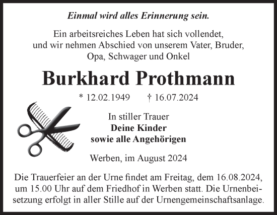 Traueranzeige von Burkhard Prothmann von Volksstimme Altmark Ost
