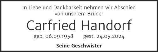 Traueranzeige von Carfried Handorf von Trauerkombi Aschersleben