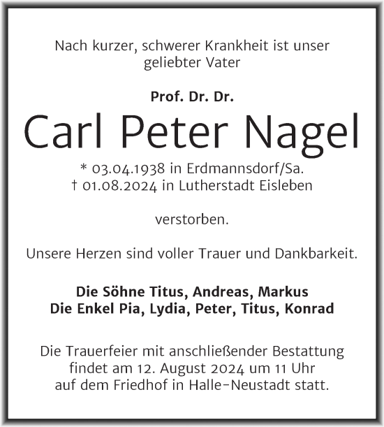 Traueranzeige von Carl Peter Nagel von Mitteldeutsche Zeitung Halle/Saalkreis