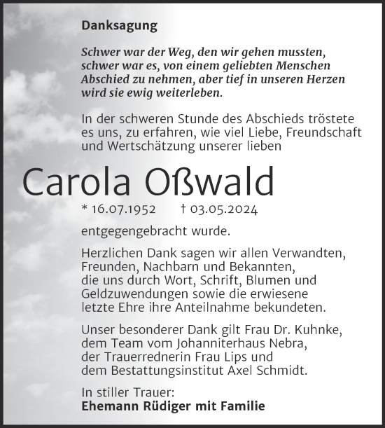 Traueranzeige von Carola Oßwald von Super Sonntag Naumburg/Nebra