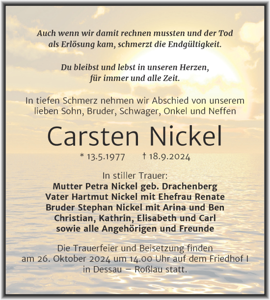 Traueranzeige von Carsten Nickel von Trauerkombi Dessau