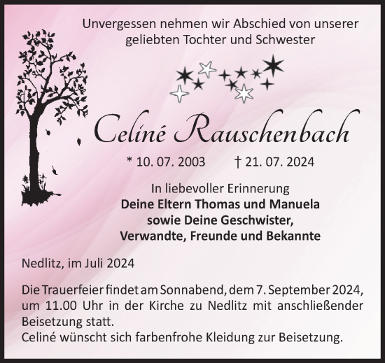 Traueranzeige von Celine Rauschenbach von Volksstimme Zerbst