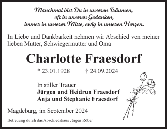 Traueranzeige von Charlotte Fraesdorf von Volksstimme Magdeburg