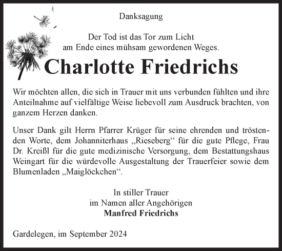 Traueranzeige von Charlotte Friedrichs von Volksstimme Altmark West