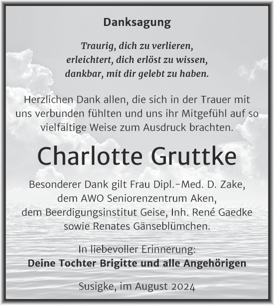 Traueranzeige von Charlotte Gruttke von Trauerkombi Köthen