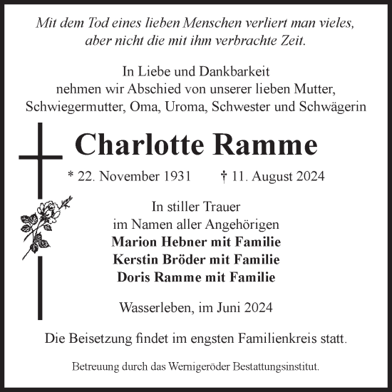 Traueranzeige von Charlotte Ramme von Volksstimme Wernigerode
