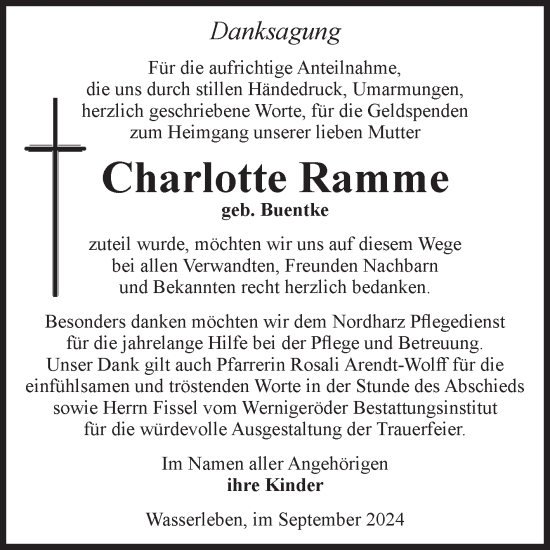 Traueranzeige von Charlotte Ramme von Volksstimme Wernigerode