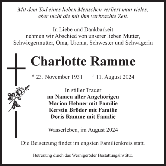 Traueranzeige von Charlotte Ramme von Volksstimme Wernigerode