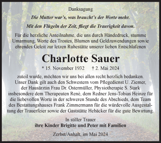 Traueranzeige von Charlotte Sauer von Volksstimme Zerbst