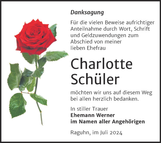 Traueranzeige von Charlotte Schüler von Trauerkombi Bitterfeld