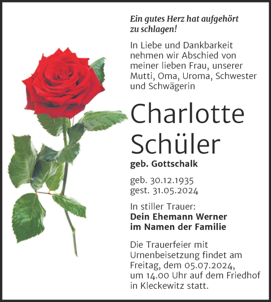 Traueranzeige von Charlotte Schüler von Trauerkombi Bitterfeld