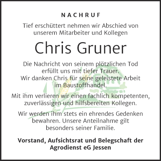 Traueranzeige von Chris Gruner von Super Sonntag Wittenberg