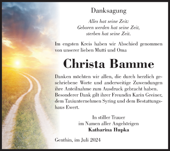 Traueranzeige von Christa Bamme von Volksstimme Burg/Genthin