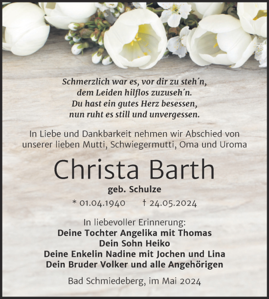Traueranzeige von Christa Barth von Trauerkombi Wittenberg