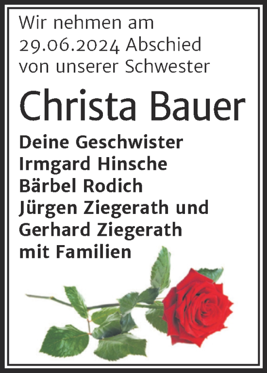 Traueranzeige von Christa Bauer von Trauerkombi Dessau