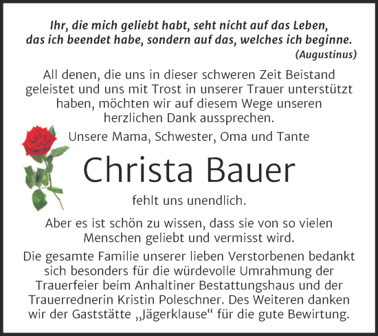 Traueranzeige von Christa Bauer von Trauerkombi Dessau