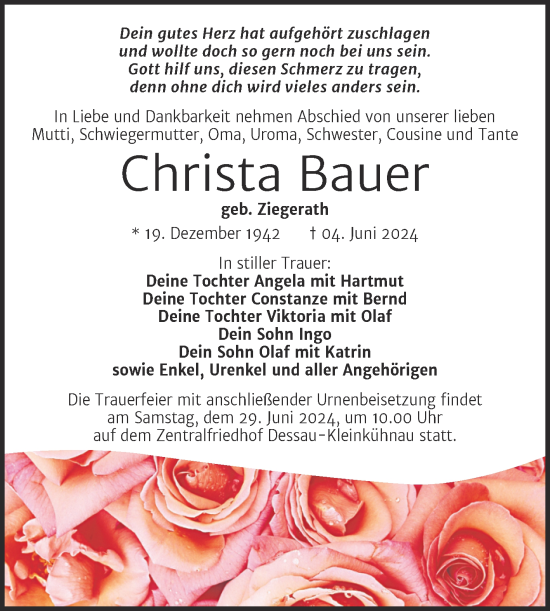 Traueranzeige von Christa Bauer von Trauerkombi Dessau
