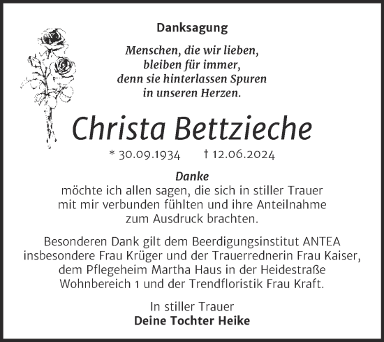 Traueranzeige von Christa Bettzieche von Trauerkombi Dessau