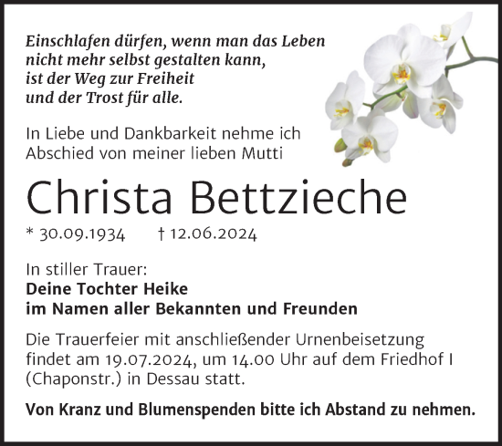 Traueranzeige von Christa Bettzieche von Trauerkombi Dessau