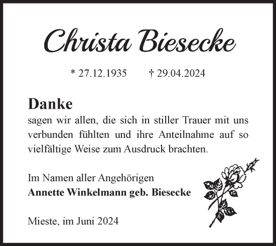 Traueranzeige von Christa Biesecke von Volksstimme Altmark West