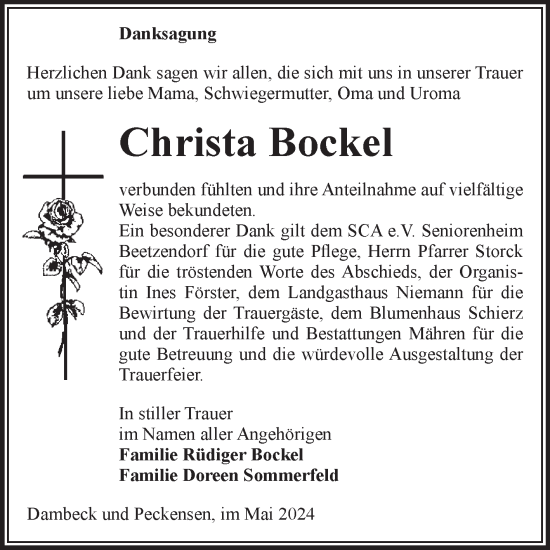 Traueranzeige von Christa Bockel von Volksstimme Altmark West