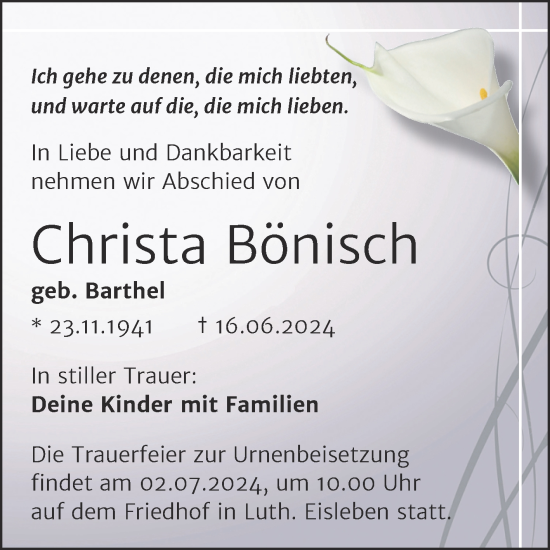 Traueranzeige von Christa Bönisch von Trauerkombi Mansfelder Land