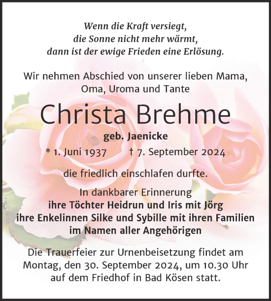 Traueranzeige von Christa Brehme von Naumburger Tageblatt