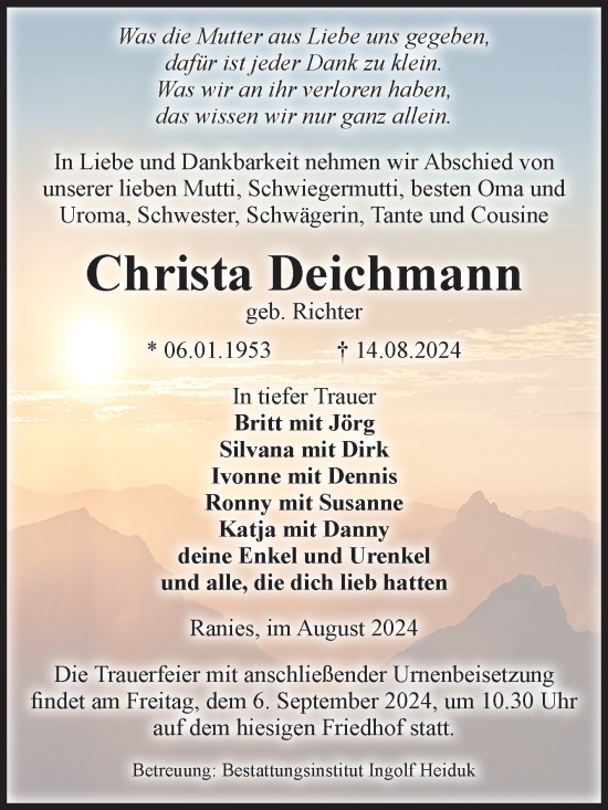 Traueranzeige von Christa Deichmann von Volksstimme Schönebeck