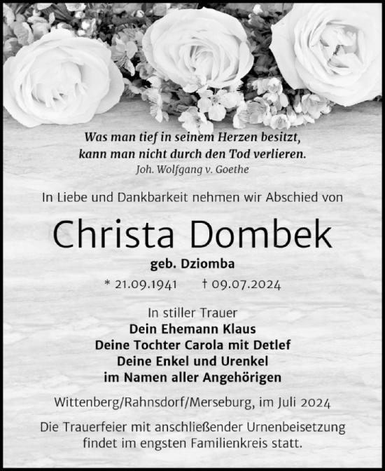 Traueranzeige von Christa Dombek von Super Sonntag Wittenberg
