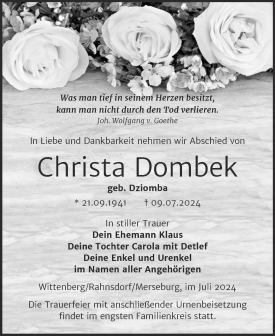 Traueranzeige von Christa Dombek von Trauerkombi Merseburg