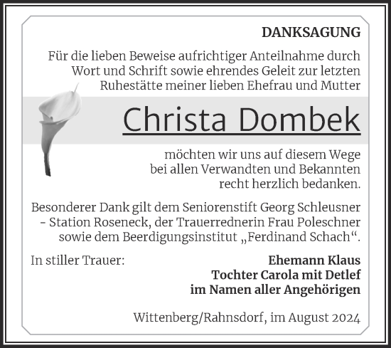 Traueranzeige von Christa Dombek von Trauerkombi Wittenberg