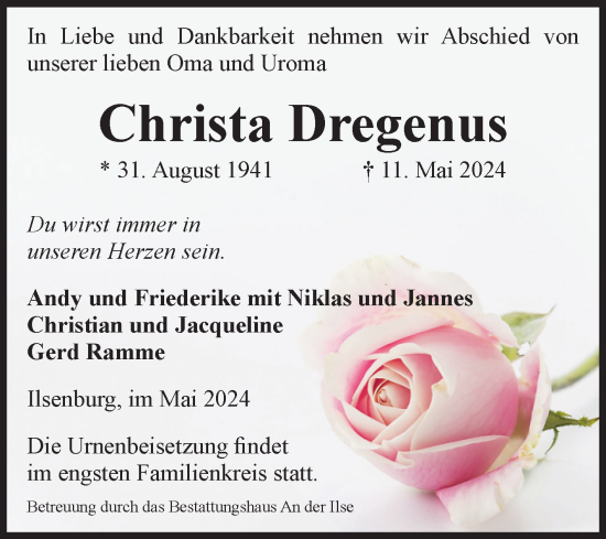 Traueranzeige von Christa Dregenus von Volksstimme Wernigerode