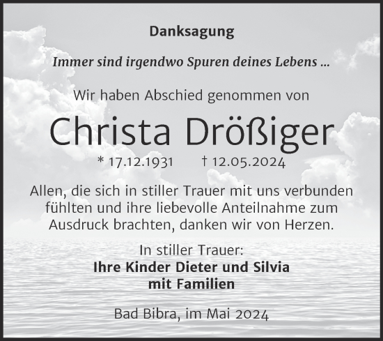 Traueranzeige von Christa Drößiger von Super Sonntag Naumburg/Nebra